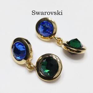 Swarovski Gold Plated Drop Earrings, Blue Green Purple Crystals, 1990s Swan Logo